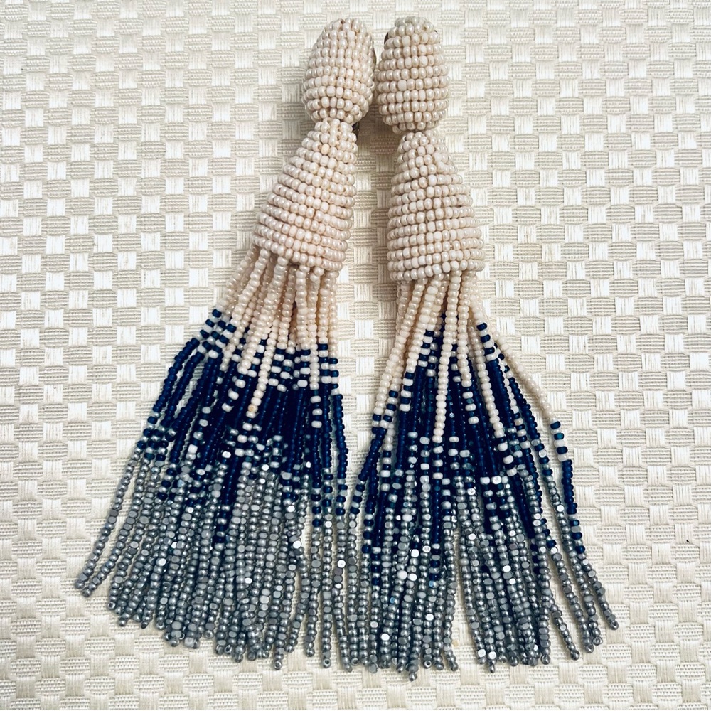 Oscar de la Renta Classic Long Tassel Clip-On Earrings - Cream/Navy/Silver - Picture 4 of 7